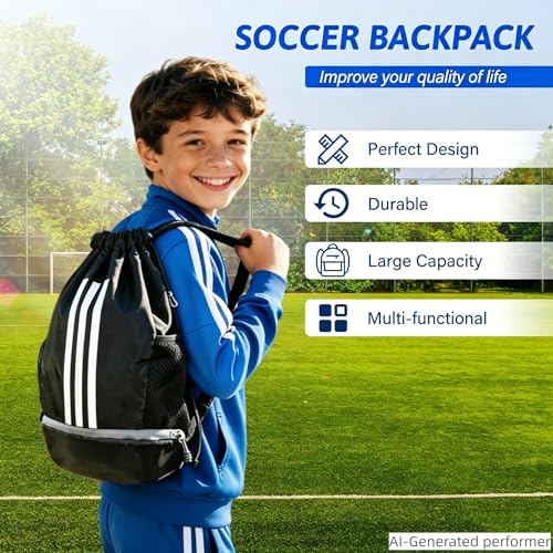 Soccer Bag, Youth Soccer Basketball Bag with Compartments Drawstring Backpack for Football Volleyball Gym Training (Black) - color: Black