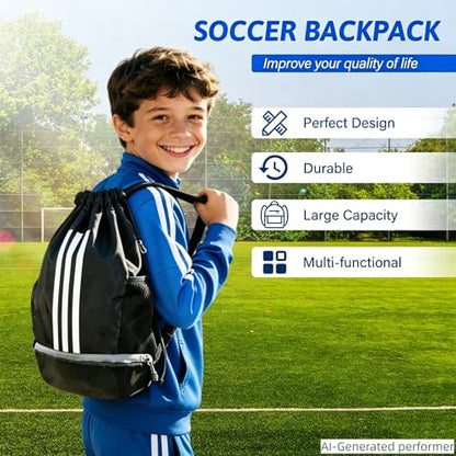 Soccer Bag, Youth Soccer Basketball Bag with Compartments Drawstring Backpack for Football Volleyball Gym Training (Black) - color: Black