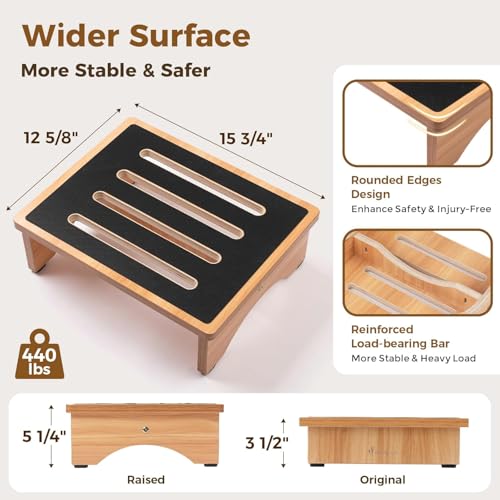 StrongTek 5" High Wooden Bed Step Stool for Adults, Sturdy Bedside & Shower Steps, 440lb Capacity, Versatile Mobility Aid for Seniors, Kitchen Use, Surgery Recovery, Anti-Slip, Portable Design - size: 5"-Natural
