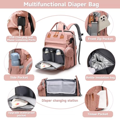 Baby Diaper Bags with Changing Station Multifunctional Waterproof Diaper Bag Backpack Travel Baby Bag with Changing Pad, Pacifier Case,Baby Essentials(Pink) - color: Up-pink