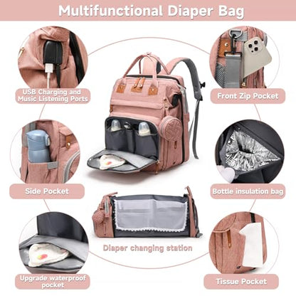 Baby Diaper Bags with Changing Station Multifunctional Waterproof Diaper Bag Backpack Travel Baby Bag with Changing Pad, Pacifier Case,Baby Essentials(Pink) - color: Up-pink