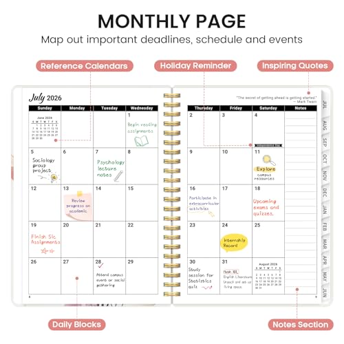 Planner 2026-2027, Academic Monthly and Weekly Calendar Planner for Women, July 2026 - June 2027, Hardcover Pretty Agenda Planner Book with Tabs, Spiral Daily Organizer for School Office Home Supplies, 6.3" x 8.5" - Painted Bloom - color: D-Painted Bloom,