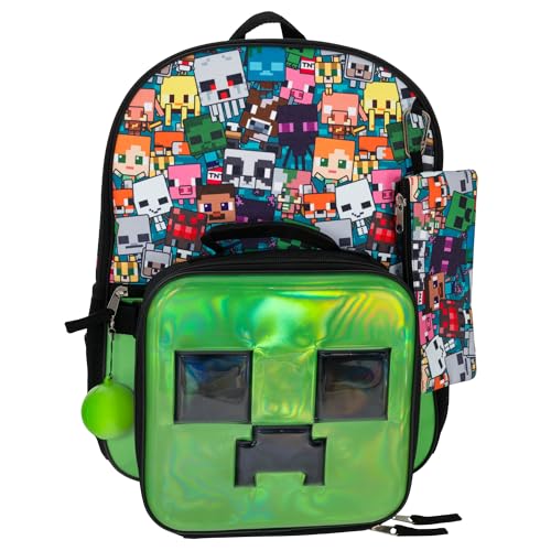 AI ACCESSORY INNOVATIONS Minecraft 5 PC Backpack Set, Creeper 3D Molded Front Panel, 16" Boys & Girls School Bag - color: Multicolor