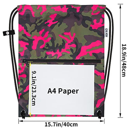 draw string back bag, Large Gym Sports string backpack for men and women with front zipper pocket and inside zipper pocket to keep key or phone(Pinkgreen camo) - color: Pink Green Camo, style: Drawstring With Front Pocket