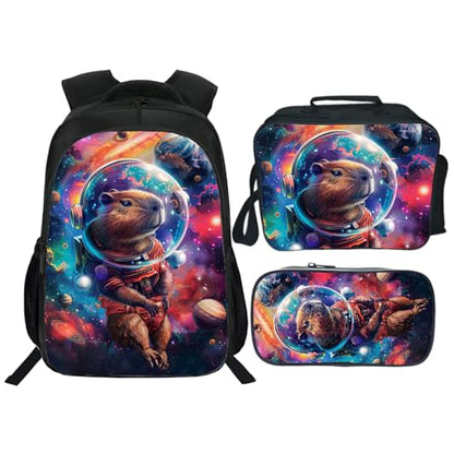 Kids Backpack School Bookbag 16inch Schoolbag With Lunch Box Bag And Pencil Case Set For Boys Girls - color: Capybara