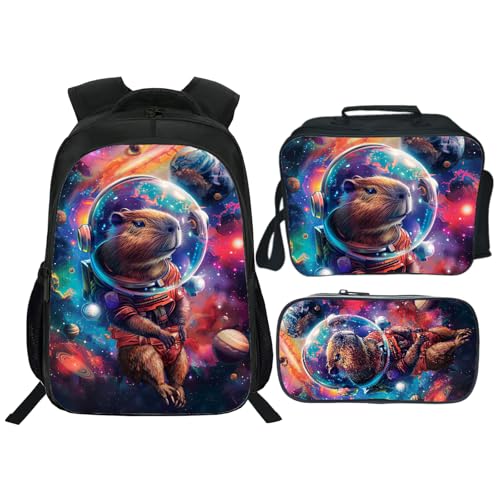 Kids Backpack School Bookbag 16inch Schoolbag With Lunch Box Bag And Pencil Case Set For Boys Girls - color: Capybara