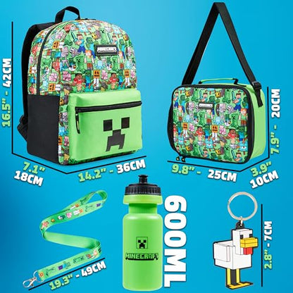 Minecraft Boys Backpack 5 Pc Gift Set, Creeper School Bookbag, Lunch Bag, Water Bottle, Keychain and Lanyard (Green AOP) - color: Green AOP