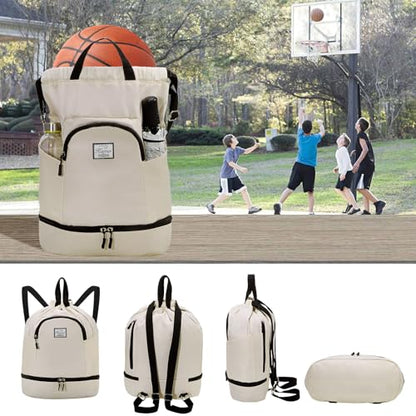 Kamo Drawstring Backpack Bag - Sport Swimming Yoga Backpack with Shoe Compartment, Two Water Bottle Holder for Men Women Large String Backpack Athletic Sackpack for Travel - color: Off-white