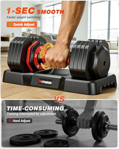 Adjustable Dumbbells Set of 2, 1 Hand Adjustable Weights Dumbbell Set and Workout Bench, 25/55/80lb Pair Weight Set For Home Gym Suit both Men and Women, Compact for Small Space Apartment Room - color: Classic-55lbs-Red Dumbbells+Bench