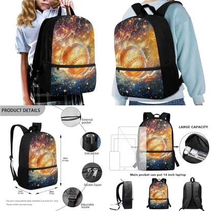 4 Piece Backpack Set for Girls and Boys Laptop Backpack Lunch Bag Pencil Case Lightweight Water Bottle Carrier Casual School Bookbag Set, Baseball Flame Starry Sky - color: Baseball Flame Starry Sky