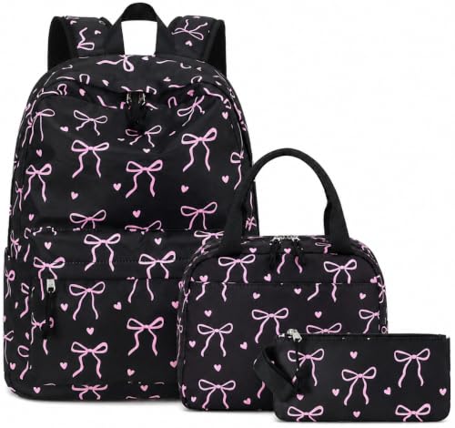 LOIDOU Backpack for Teen Girls Bookbags School Backpack with Lunch Box and Pencil Case 3 in 1 School Bags Set - color: Black Bow-Tie