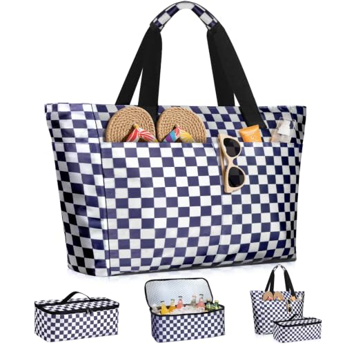 ISEYOU Beach Bag and Cooler Bag Set, 45L Waterproof XXL Foldable Tote with Zipper, 8 Pockets for Pool, Picnic, Travel - color: Blue