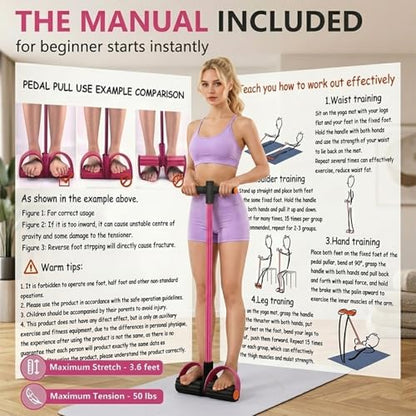 Pedal Resistance Band with Handles, Pink, Upgraded 6-Tube | Pedal Puller for Home Workouts, Full-Body, Core Strength, Arm Training and Leg Exercises