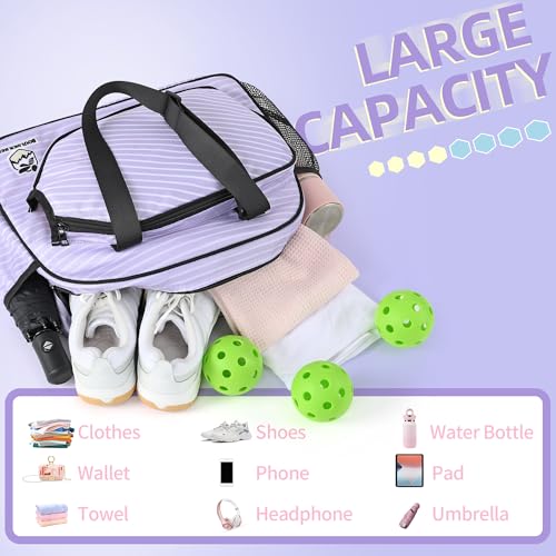 Boulder Bee Pickleball Tote Bag for Women with Paddle Holder - color: Purple stripe