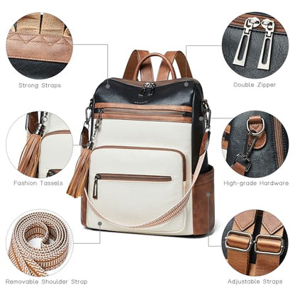 Shrrie Backpack Purse for Women Leather Fashion Designer Travel Backpack Convertible Shoulder Satchel Bag for College Work - color: 3-1 Black With Brown and White