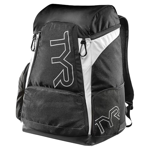 Alliance Backpack TYR Wet/Dry Athletic Gym and Pool Bag for Men and Women - Separate Wet/Dry Compartments, 45L Capacity, Ergonomic, Water-Resistant - Available in Team Colors - color: Black/White, size: 45 Liter