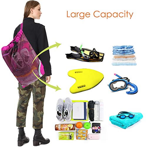 BeeGreen Mesh Drawstring Bag Swim Backpack for Beach Pool Sports Gym Draw String Cinch Bags for Swimming Soccer Basketball Gear Rose Red - color: Rose Red, style: Mesh Bag