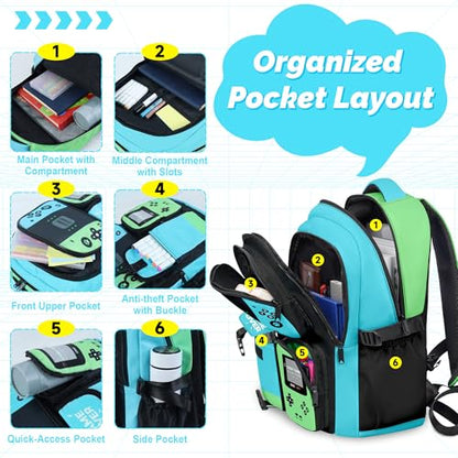 Gamer Backpack for Boys, 4pcs Gaming Boys Backpack with Lunch Box and Pencil Case for Kids, Video Gamer School Bags - color: Green