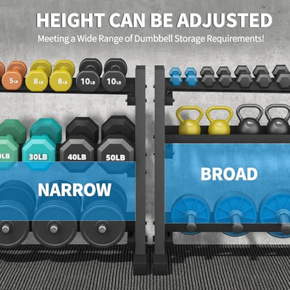 3-Tier Professional Dumbbell Rack, Commercial Grade Dumbbell Storage Rack,1300LB Capacity with Barbell Holder, Adjustable Heavy-Duty Weight Rack for Home Gym, Weight Stand for Dumbbells, Kettlebells & Weight Plates (Rack Only)