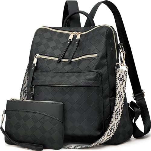 Makes Backpack Purse for Women PU Leather Travel Satchel Handbag Convertible Design Bag with Purse 2 Piece - color: Black Geometric