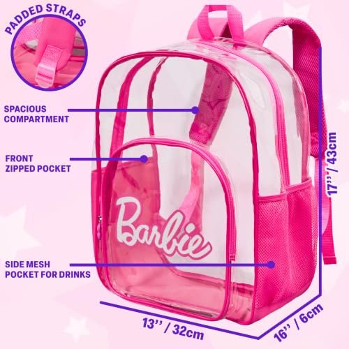 Get Trend Barbie Girls Clear Backpack, 17 inch Transparent School Bookbag, See Through Travel Bag with Straps, Gifts for Girls (Pink Barbie) - color: Pink Barbie