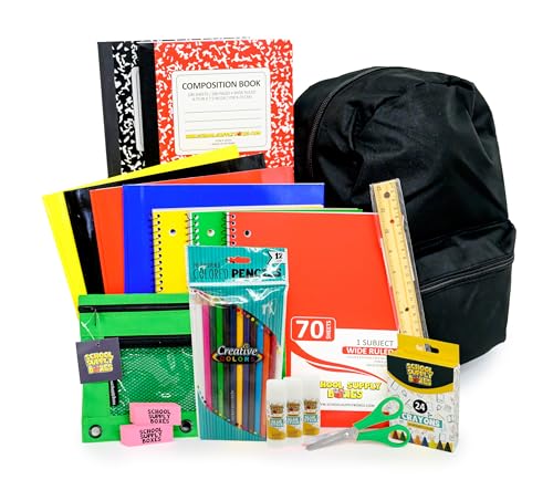 School Supply Boxes | 17" (Black or Clear) Backpack Bundle for (Elementary, Intermediate, or High School) (Elementary, Black) - color: Black, style: Elementary
