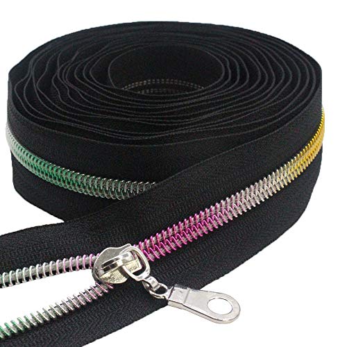 MebuZip #5 Colorful Metallic Nylon Coil Zippers by The Yard Bulk Coil Zipper Roll 10 Yards with 25pcs Pulls for DIY Sewing Craft Bags (Black) - color: Colorful Black