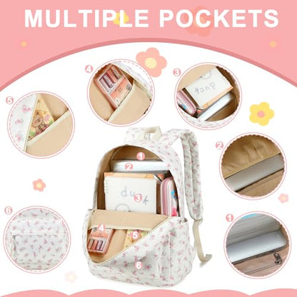 Bluboon School Backpack for Teen Girls Women Laptop Backpack College Bookbags Middle School Travel Work Commuter Back Pack - color: Pink Rose Flower Beige Base 312