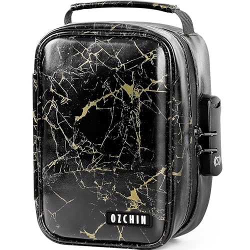 OZCHIN Smell Proof Bag with Combination Lock File Organizer Case Container Medicine Odorless Storage Lock Box Great Gift for Friend - color: Golden Ink Splash, size: M
