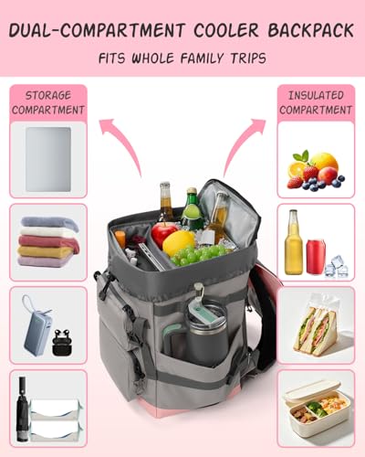Odoland 2-in-1 Cooler Backpack with Removable Insulated Bag, 26L Leak-Proof Dry Wet Separation Backpack with 9L Cooler (20 Cans) for Beach Picnic Camping Day Trip, Lunch Diaper Bag for Men Women - color: Pink