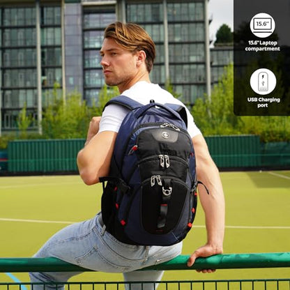 Swissdigital Design Laptop Backpack with USB Charging Port, Travel Backpack Fits 15.6 inches Computer, 31L College School Backpack for Men, Blue/Black | SD803-12 - color: Black/Blue