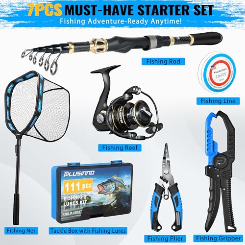 PLUSINNO Fishing Gear,Full Fishing Pole kit Include Fishing Rod and Reel Combo, Tackle Box with Fishing Lures, Fishing Accessories, Fishing Pliers,Fishing Gifts for Men with Fishing Tool Kit - style: Blue Fishing Combo With Fishing Net