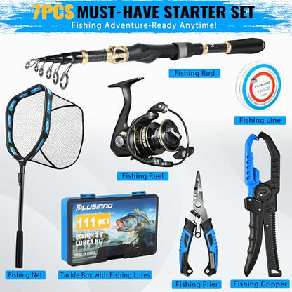 PLUSINNO Fishing Gear,Full Fishing Pole kit Include Fishing Rod and Reel Combo, Tackle Box with Fishing Lures, Fishing Accessories, Fishing Pliers,Fishing Gifts for Men with Fishing Tool Kit - style: Blue Fishing Combo With Fishing Net