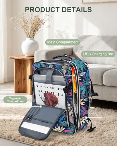 Travel Carry On 17.5" Laptop Expandable Backpack for Men Women, Personal Item Bag Waterproof Airline Approved with USB Charging Hole 3 Packing Cubes, Large Weekender Daypack Business Luggage Suitcase - color: Tropical Leaves, size: Expandable