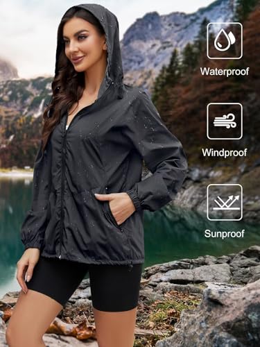 CRIPOM Light Weight Rain Jacket Women Waterproof Windbreaker Travel Rain Coats for Women Packable S-XXL - color: Black, size: Small