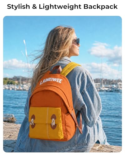 Lightweight Travel Backpack for Women, School Backpack for Teen Girls & Boys, Water-repellent Taslon Fabric, Stylish Casual Daypack for College Everyday Use, Fits 14" Laptop, Brown & Yellow - color: Brown & Yellow