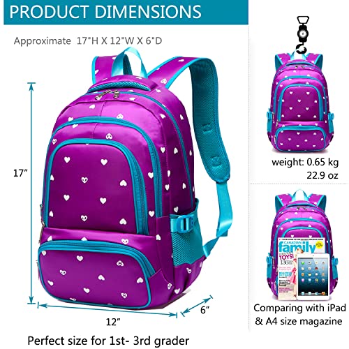BLUEFAIRY Kids Backpack for Girls Primary Elementary School Bag Bookbag for Childs Book Bag Mochilas Escolares para Niñas de 4-6 Back to School Cute Gifts 17" Heart Print/Purple - color: Sky Blue / Purple
