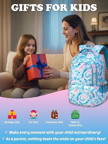 BLUEFAIRY Kids Backpack for Girls Elementary Primary Middle School Bags for Aged 8-10 for Teens Childs Bookbags Back to School Book Bags Mochilas para Niñas de 6 7 8 9 10 Años Tie-dye Blue - color: Light Sky Blue