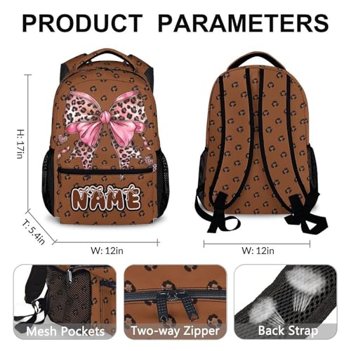 Backpack for Girls Personalized Bow Polka Dot Backpacks, 17 Inch Leopard Print for School Camp Picnic Team - color: Brown