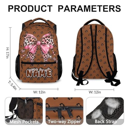 Backpack for Girls Personalized Bow Polka Dot Backpacks, 17 Inch Leopard Print for School Camp Picnic Team - color: Brown