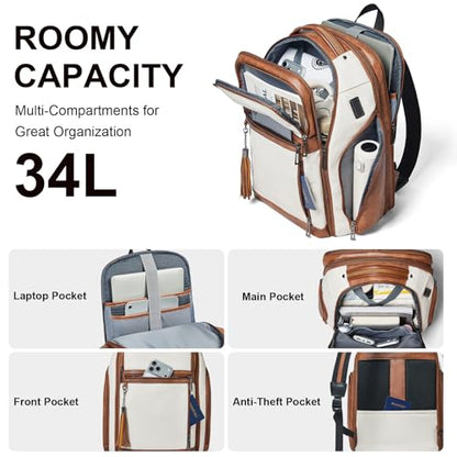 Shrrie Leather Backpack for Women, 17 Inch TSA Travel Backpack with USB Charger, 48L Expandable Large Capacity Computer Backpack Purse for Work Business Travel, Beige - color: Beige With Brown