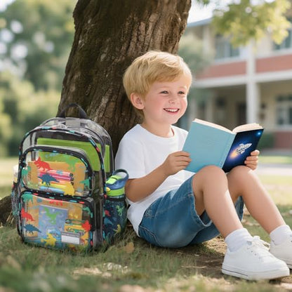 Bagseri Clear Backpack for Boys, 15 Inch Heavy Duty Kids Transparent Bookbag for School Kindergarten to 2nd Grade, Fits 12.5 Inch Folders, High Visibility Reflective Strips, Black Dinosaur - color: 1pcs, B-black Dinosaur, style: Backpack