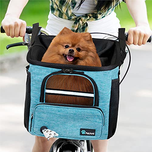 PetAmi Dog Bike Basket, Soft-Sided Ventilated Dog Bike Carrier Backpack, Pet Bicycle Basket for Bike Handlebar, Small Medium Puppy Cat Kitten Car Booster Seat with Safety Strap, Max 18 lbs, Blue - color: Teal Blue