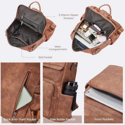 Anti-Theft Backpack Purse for Women, Convertible 3-in-1 Vegan Leather Backpack with Hidden Zipper, Adjustable Shoulder & Crossbody Bag for Travel and Daily Commute - color: A Two Toned Brown