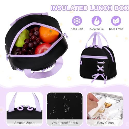 Scothen 3PCS Girls Backpack for School, Kids Backpack for Girls with Lunch Bag Pencil Case, Kids Bookbag Teen Backpacks for Elementary Middle High School (Black-Purple) - color: Black-purple
