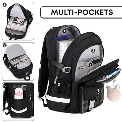 3PCS School Backpack For Student Women College Middle High Teen Girls Bookbag Waterproof Laptop Bag Plaid Black - color: Plaid Black
