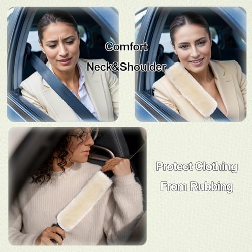 AOGELAN Fluffy Fuzzy Genuine Sheepskin Car Seat Belt Covers for Soft Auto Lambswool Seatbelt Pads, Shoulder Strap Cushion Adults Kids (2, Brown) - color: Brown