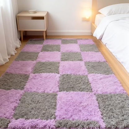 Thickened Plush Foam Interlocking Floor Carpet Mat,24 Piece 12x12in Fluffy Square Puzzle Foam Carpet Tiles with Edgings,Soft Anti-Slip Shaggy Area Rug Playmat(Color:Purple+Grey) - color: Purple+grey