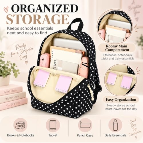 LOIDOU Girls Backpack for Kids Cute School Bookbag - color: Black Polka Dots, size: L-17"