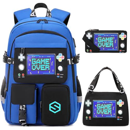 Scothen Boys Backpack, Cool Luminous School Backpacks for Boys with Lunch Bag Pencil Case, Kids Backpack Kindergarten Elementary Middle School Book Bags for Teen Boy Children with USB Charging Port - color: Black-blue